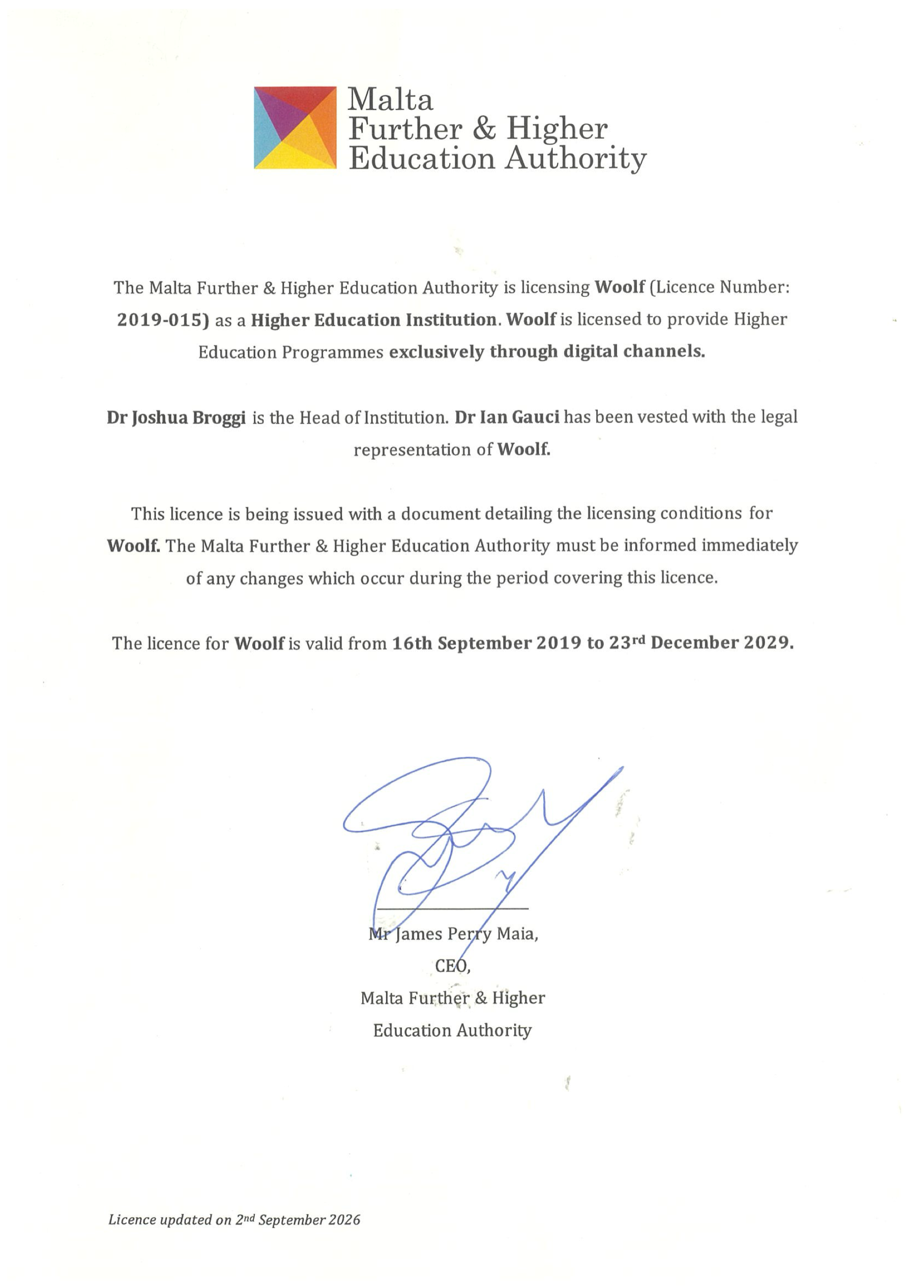 2026 MFHEA Licence (2019-2029), renewed to 23 December 2029