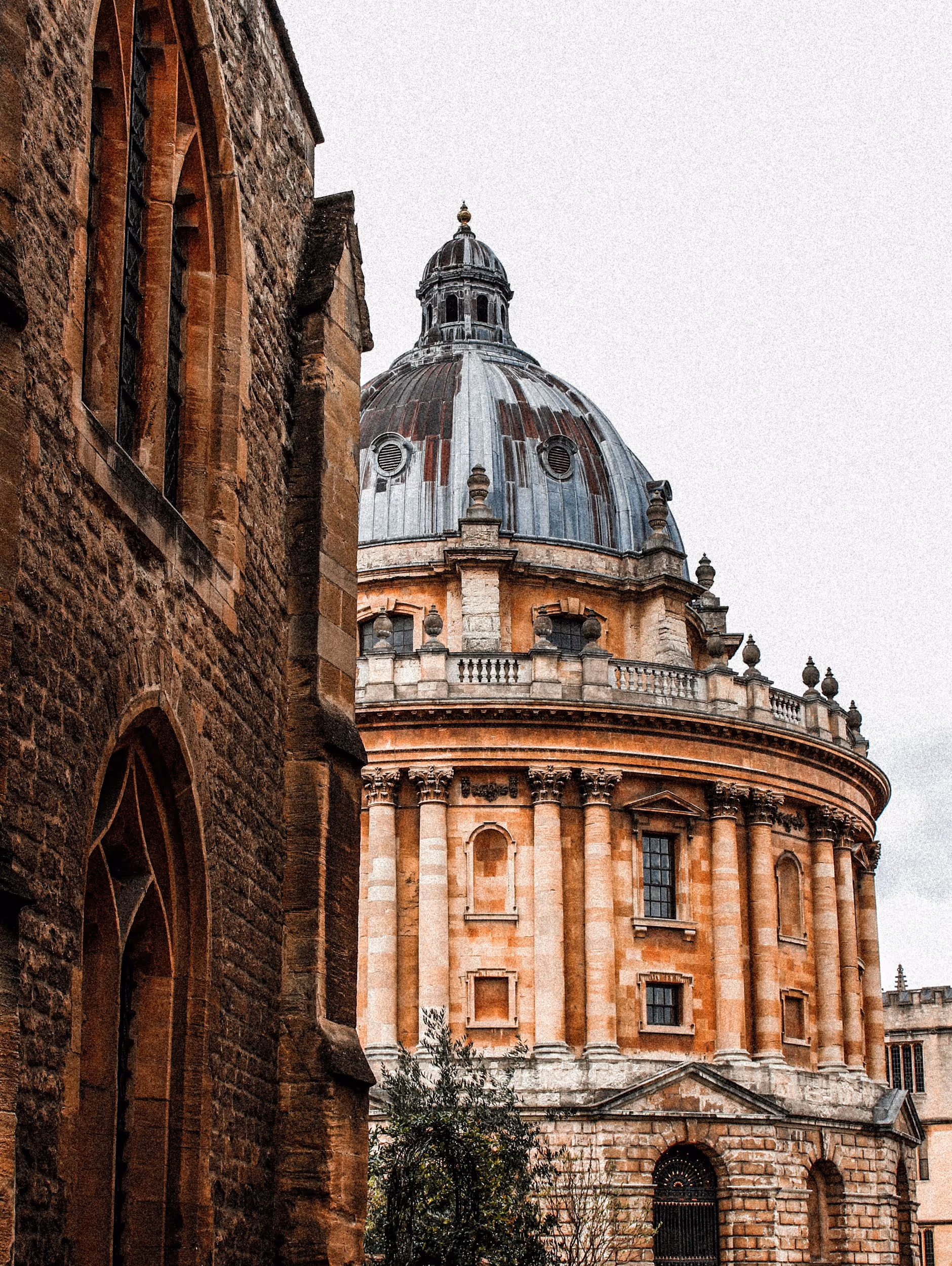 A vertical, architectural photograph of the Radcliffe Camera in Oxford, UK, seen from a narrow perspective.