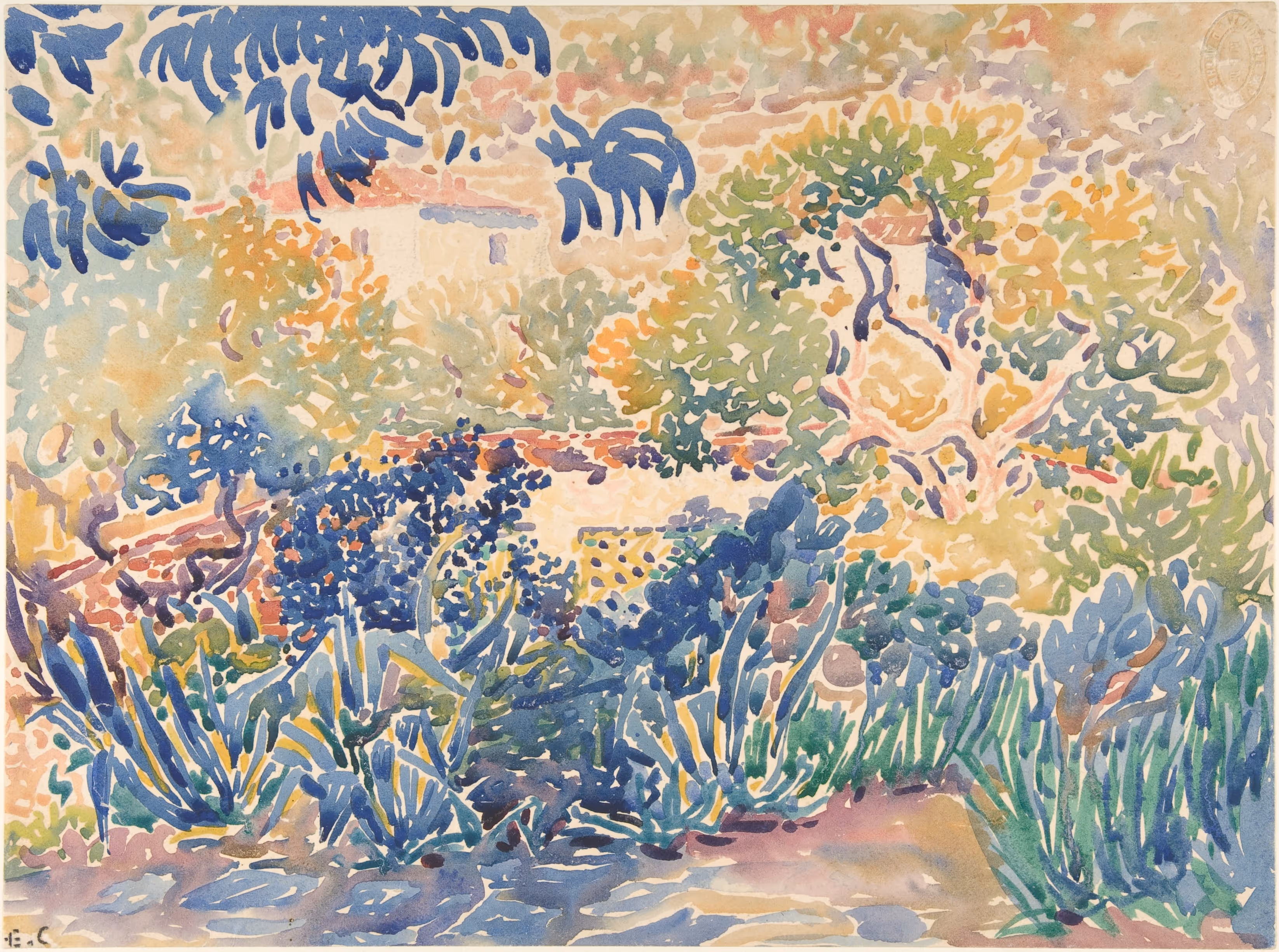 Watercolor painting of a vibrant garden with lush greenery and blue and purple flowering plants under a tree canopy.