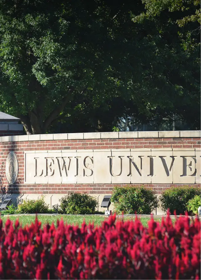An eye-level view of a brick and stone sign that reads "LEWIS UNIVE" (likely Lewis University), partially obscured by bright red flowers in the foreground. Behind the sign are hedges, and a large green tree is visible in the background, suggesting a university entrance on a sunny day.