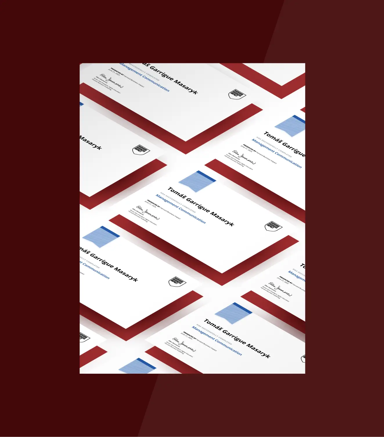 Multiple certificates for Tomáš Garrigue Masaryk in Management Communication displayed at an angle with red borders and a blue emblem.