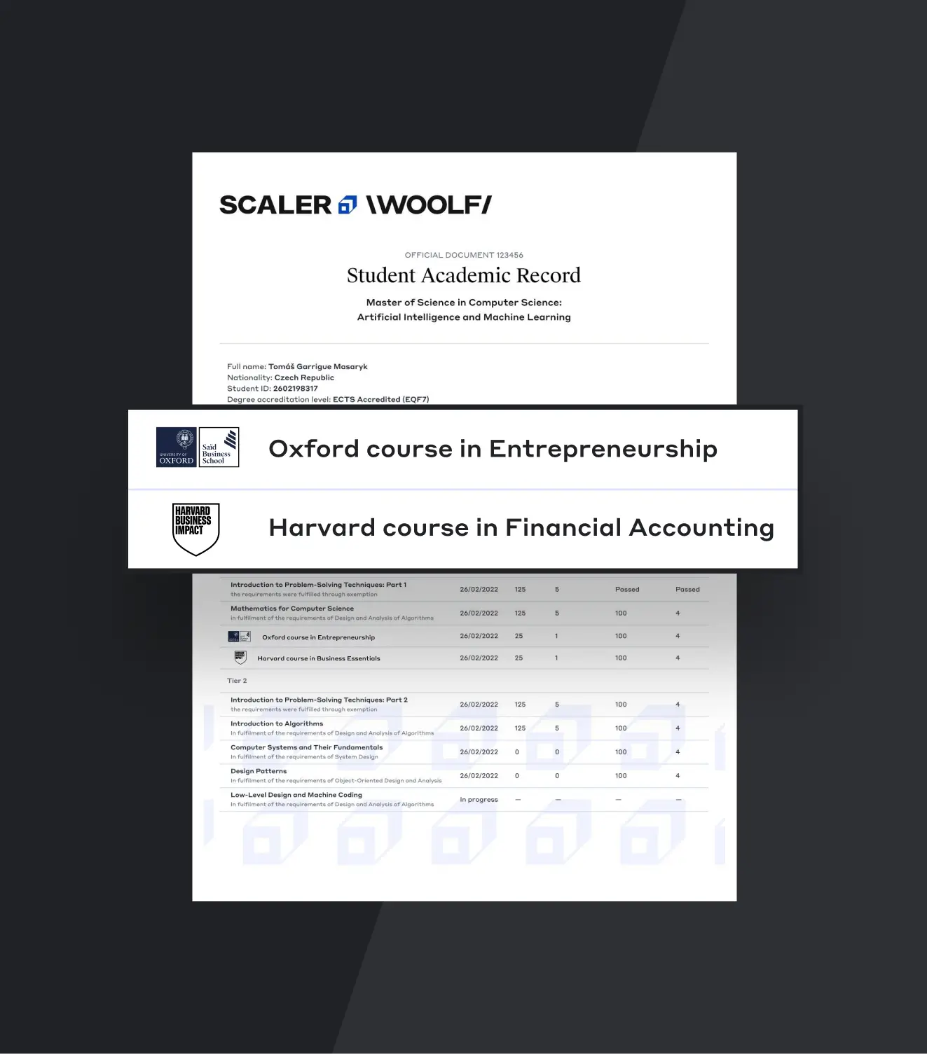 Academic record showing Master of Science in Computer Science with Artificial Intelligence and Machine Learning, listing courses from University of Oxford in Entrepreneurship and Harvard in Financial Accounting.