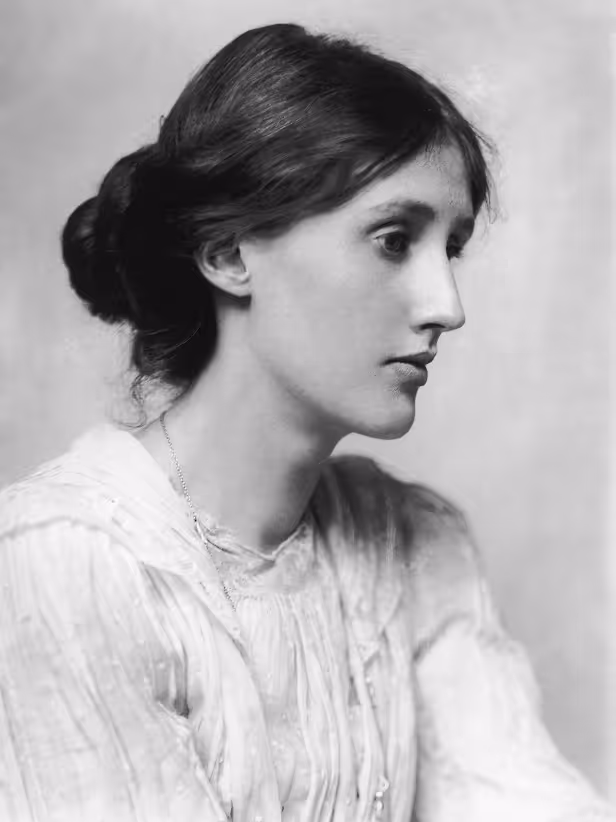 A black and white portrait photograph of Virginia Woolf
